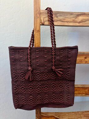 Bohemian Vintage Chocolate Brown Crochet Tote Purse Handbag Boho